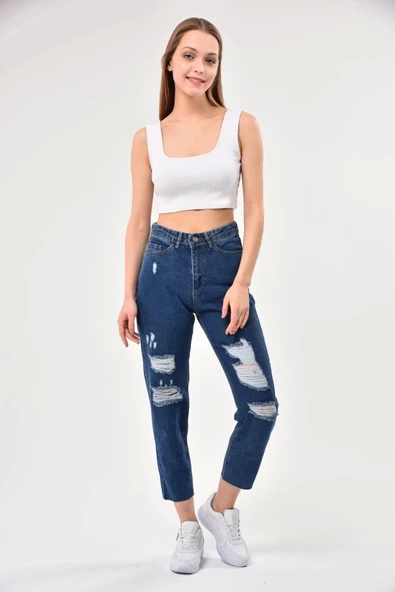 Kadın Mavi Mom Style Kesik Paça Yırtık Jean