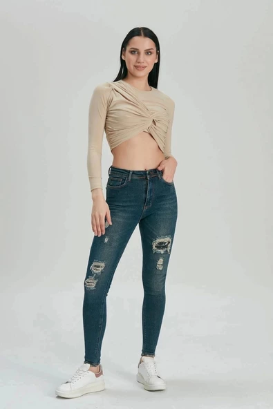 Kadın Skinny Fit Yüksek Bel Jeans Yıpratmalı Lacivert