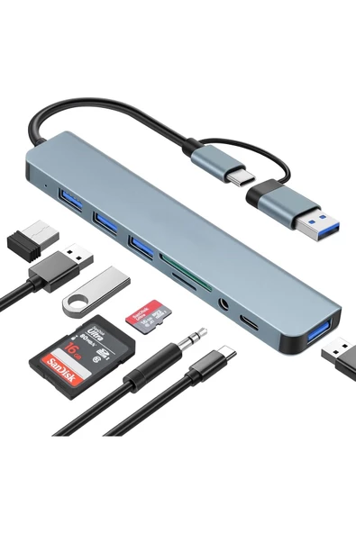 Usb Çoklayıcı 8 İn 1 Usb Type-c Hub Adaptör 4 Usb Port Sd/tf Kart Okuyucu 3.5mm Ses Girişi Çoklayıcı