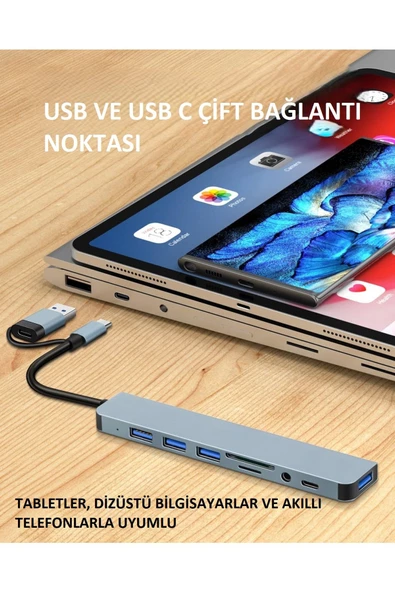 Usb Çoklayıcı 8 İn 1 Usb Type-c Hub Adaptör 4 Usb Port Sd/tf Kart Okuyucu 3.5mm Ses Girişi Çoklayıcı - Resim 3