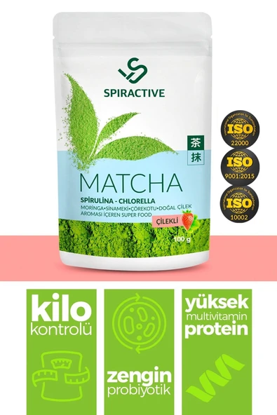 Spiractive Matcha Çayı 100 gr Spriluna Japanese Premium Çilek Aromalı Detox Burner Yeşil Çay Matcha