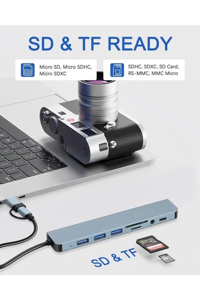 Usb Çoklayıcı 8 İn 1 Usb Type-c Hub Adaptör 4 Usb Port Sd/tf Kart Okuyucu 3.5mm Ses Girişi Çoklayıcı - Resim 2