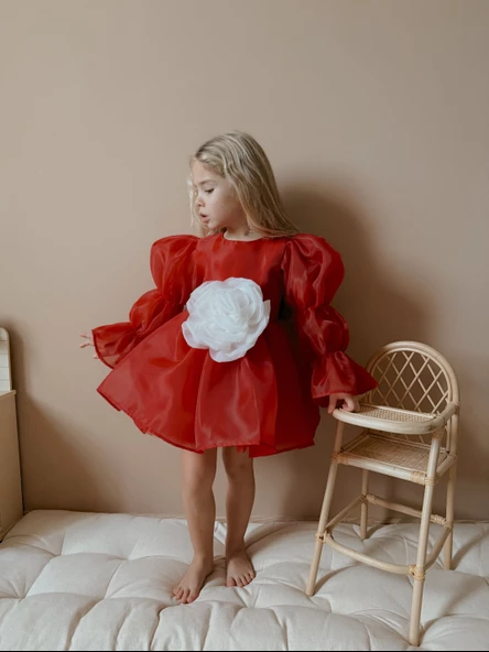 Rose Kırmızı Şifon Kız Çocuk Parti Elbisesi - 2