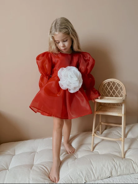 Rose Kırmızı Şifon Kız Çocuk Parti Elbisesi - 5