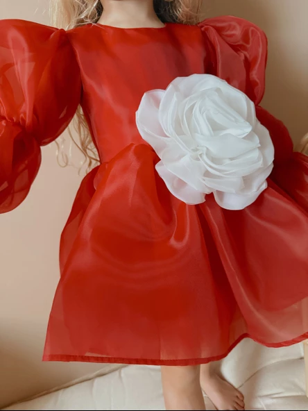 Rose Kırmızı Şifon Kız Çocuk Parti Elbisesi - 3