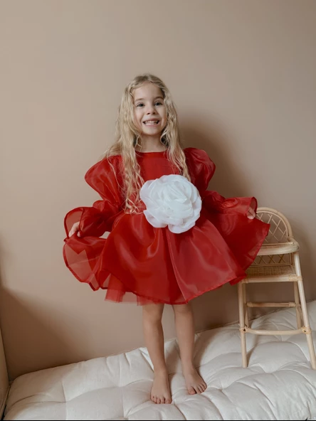 Rose Kırmızı Şifon Kız Çocuk Parti Elbisesi
