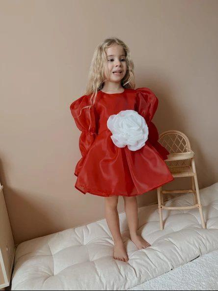 Rose Kırmızı Şifon Kız Çocuk Parti Elbisesi - 4