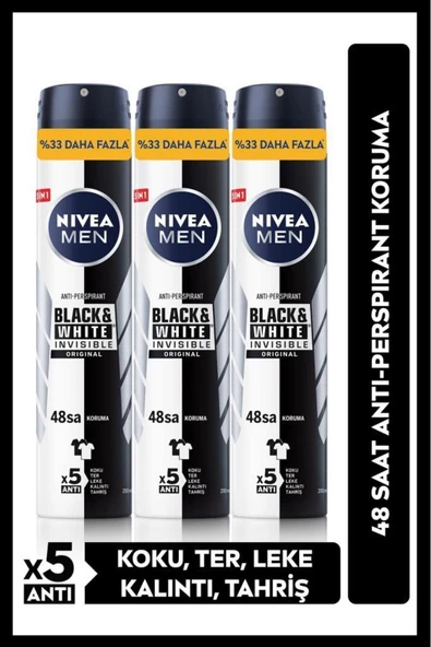 Nivea Men Black&White Invisible Original Deodorant 3 Adet x 150ml ürün görseli 1