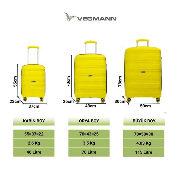 Vegmann Polipropilen (PP) Atlas Sarı Orta Boy Valiz - 9