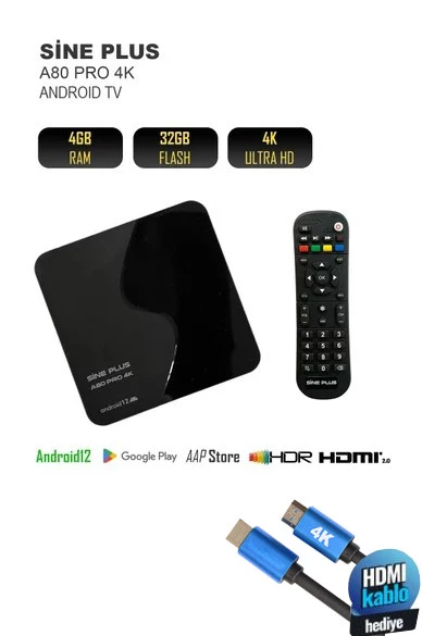 Sine Plus A80 Pro 4K 32GB Android Tv Box + 4K HDMI KABLO HEDIYE