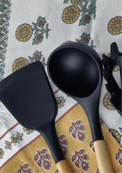 Silikon Mutfak Servis Seti - 3lü Kepçe Spatula Fırça Takımı - Bambu Saplı - 3 Parça - 4