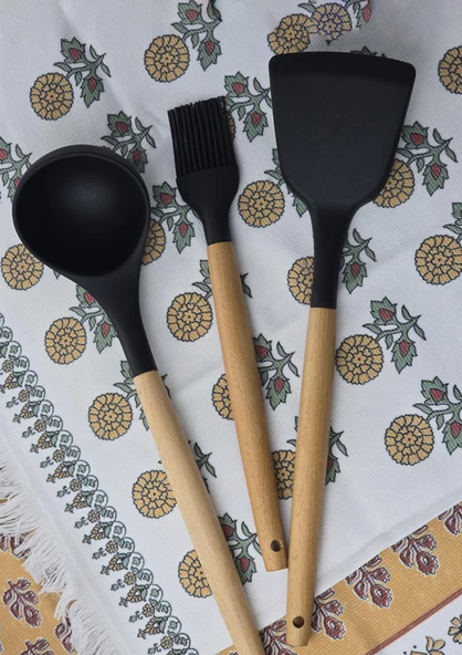 Silikon Mutfak Servis Seti - 3lü Kepçe Spatula Fırça Takımı - Bambu Saplı - 3 Parça