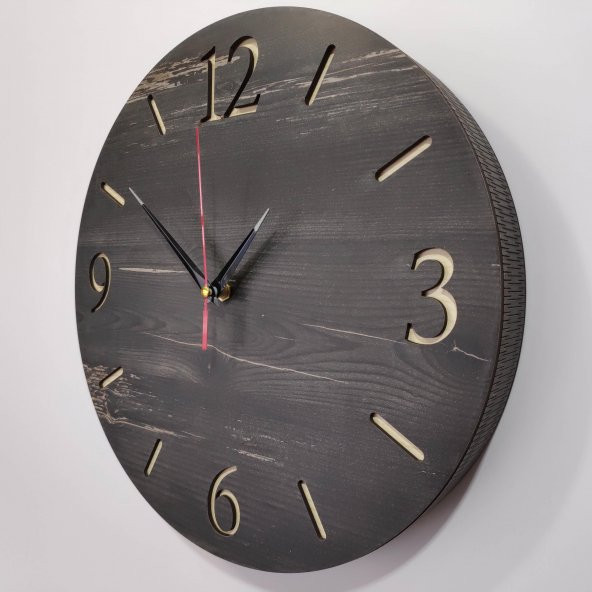 Özel Seri Minimalist Ahşap Saat Rakamlı - 50x50cm - Dokulu Siyah