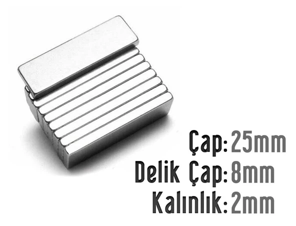 Neodyum Mıknatıs Köşeli  25x8mm , Kalınlık 2 mm ( 2 Adet)