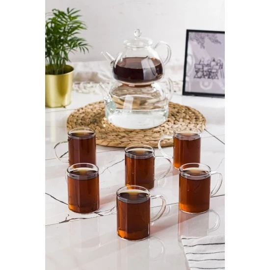 Cam Çaydanlık Ve Cam Kupa Seti Cam Bardak Çay Kahve Takımı (9 parça)