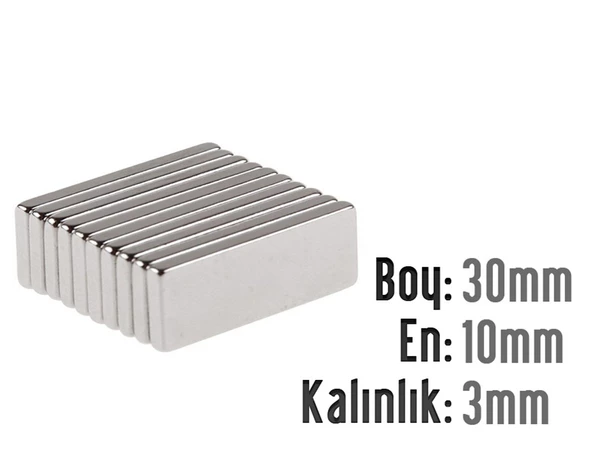 Neodyum Mıknatıs Köşeli  30x10mm , Kalınlık 3 mm ( 1 Adet)
