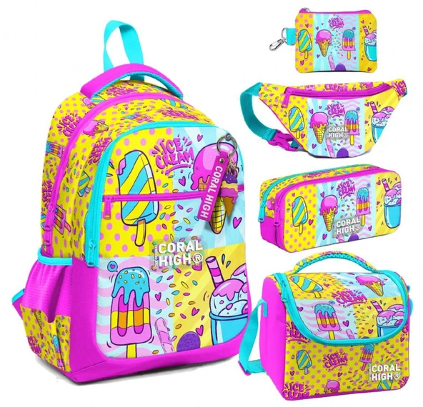 Coral High Mixed Dondurma Desenli Kız Çocuk Beşli Okul Çanta Seti - İlkokul İçin Uygun ürün görseli 1