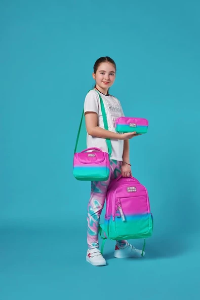 Coral High Kids Pembe Su Yeşili Renk Geçişli 3'lü Okul Çanta Seti SET0123664 - Resim 2