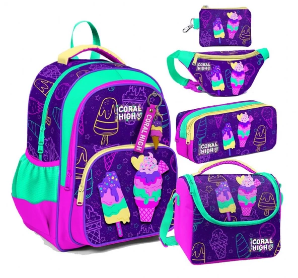 Coral High Mor Pembe Dondurma Desenli Kız Çocuk Beşli Okul Çanta Seti - İlkokul ve Ortaokul İçin Uygun ürün görseli