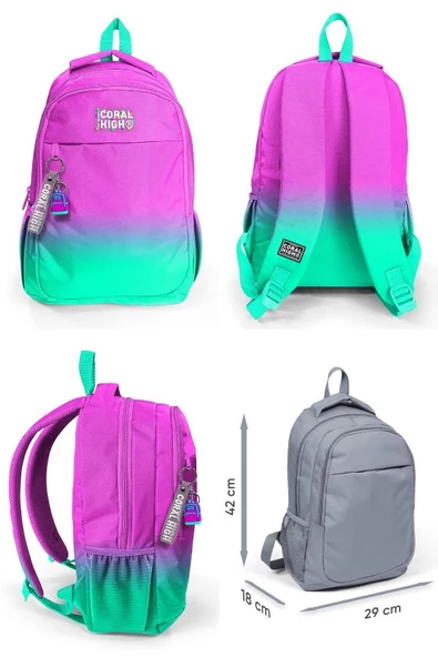 Coral High Pembe Su Yeşili Renk Geçişli Desenli Kız Çocuk Dörtlü Okul Çanta Seti - İlkokul ve Ortaokul İçin Uygun - Resim 2