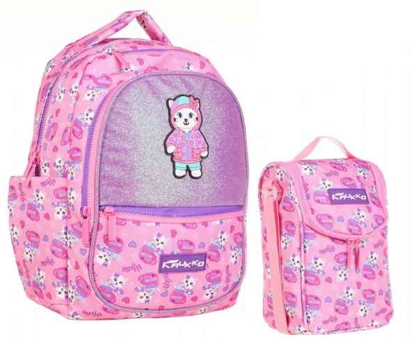 Kaukko İlkokul Sırt Çantası ve Beslenme Çantası Seti  - Pembe Sevimli Kedi - Kız Çocuk