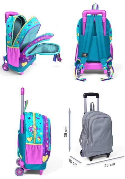 Coral High Pembe Turkuaz Kulaklık Paten Işıklı Tekerlekli Okul Çantası ve Beslenme Seti - Kız Çocuk - Resim 2