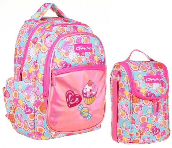 Kaukko İlkokul Sırt Çantası ve Beslenme Çantası Seti - Aynalı Nakışlı Cupcake Pembe - Kız Çocuk ürün görseli 1