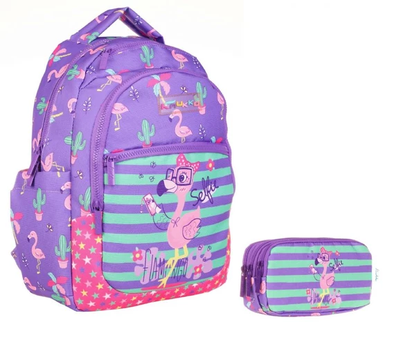 Kaukko Mor Pembe Flamingo Okul Sırt Çantası ve Kalemlik Seti - Kız Çocuk ürün görseli