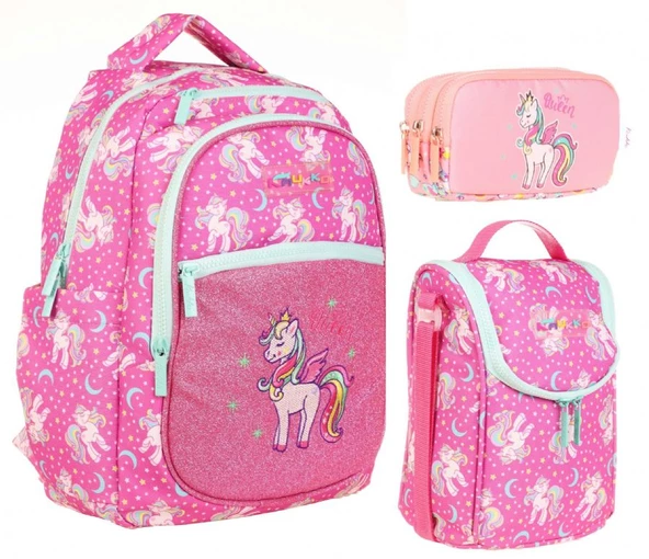 Kaukko Simli Nakışlı Unicorn Pembe Üçlü İlkokul Okul Çanta Seti - Kız Çocuk