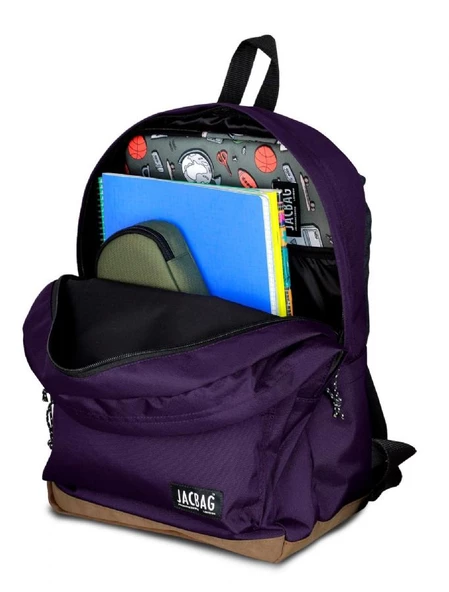 Jacbag Campus-Deri Tabanlı Üç Bölmeli Mor Sırt Çantası (Okul, Günlük, Seyahat) - Resim 3