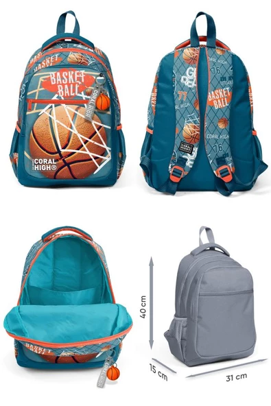 Coral High Nefti Turuncu Basketbol Desenli Erkek Çocuk Beşli Okul Çanta Seti - İlkokul İçin Uygun - Resim 2