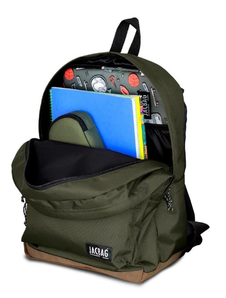 Jacbag Campus-Deri Tabanlı Üç Bölmeli Haki Yeşil Sırt Çantası (Okul, Günlük, Seyahat) - Resim 3