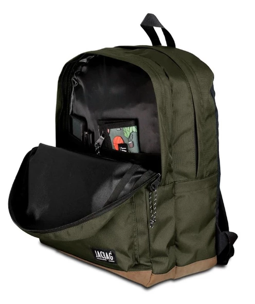 Jacbag Campus-Deri Tabanlı Üç Bölmeli Haki Yeşil Sırt Çantası (Okul, Günlük, Seyahat) - Resim 4