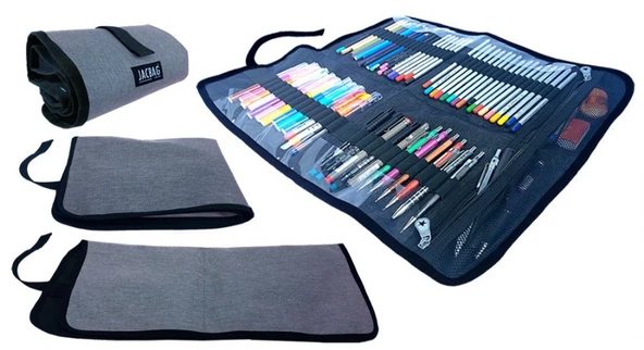 Jacbag Senior XL Lastik Ayraçlı Cepli Katlanır Gri Sanatsal Kalem Çantası - 2