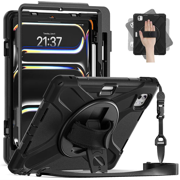 Apple iPad Pro 11 2024 - Tablet Kılıfı Boyun ip Askılı El Tutmaçlı Koruyucu Zırh Tank Defender Kılıf - 3