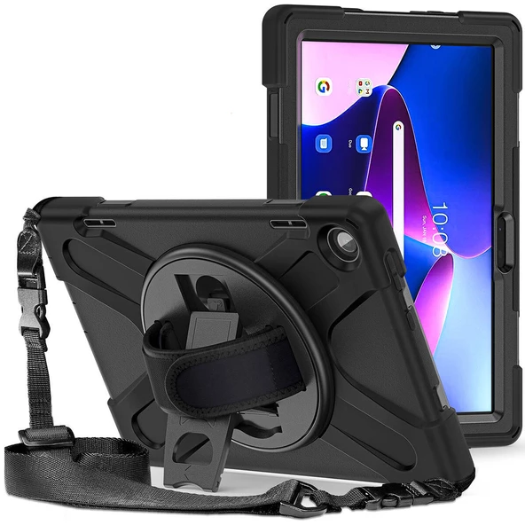 Lenovo Tab M10 HD (2.Nesil) 2022 - Tablet Kılıfı Boyun ip Askılı El Tutmaçlı Koruyucu Zırh Tank Defender Kılıf