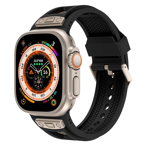 Apple Watch Ultra 49mm - Kordon Hava Alabilen Delikli Metal Süslemeli Desenli Silikon Kordon KRD-117 - 1