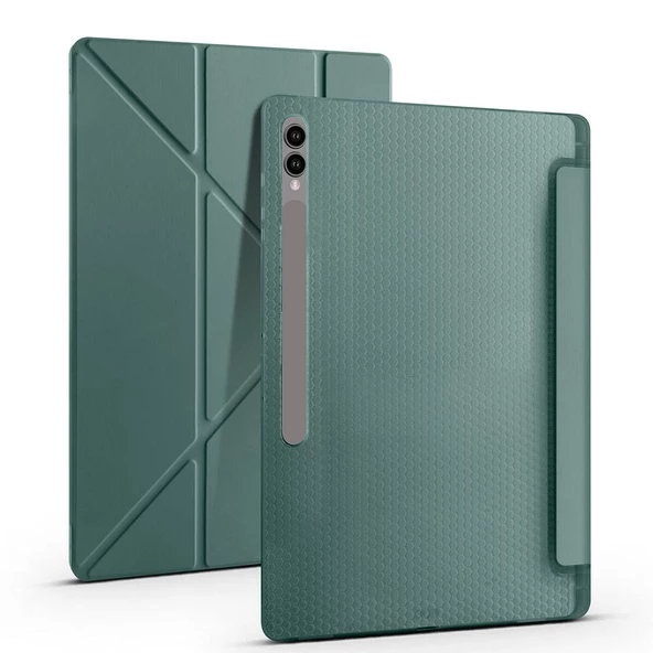 Samsung Galaxy Tab S9 Ultra - Tablet Kılıfı Kalem Bölmeli Korumalı Standlı Tri Folding Kılıf - 2