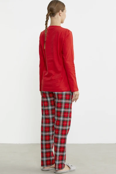 Nakış Detaylı Ekose Pijama Takım - Kırmızı - Resim 5