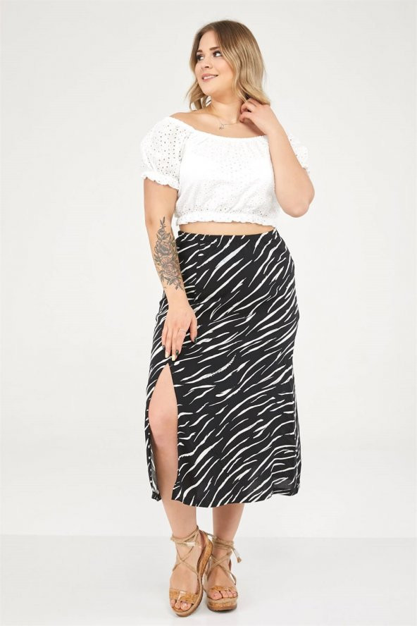 Zebra Desen Yırtmaçlı Etek-SİYAH - 2