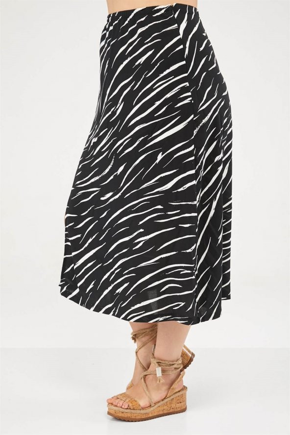 Zebra Desen Yırtmaçlı Etek-SİYAH - 4