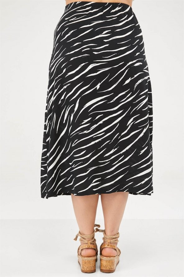 Zebra Desen Yırtmaçlı Etek-SİYAH - 6