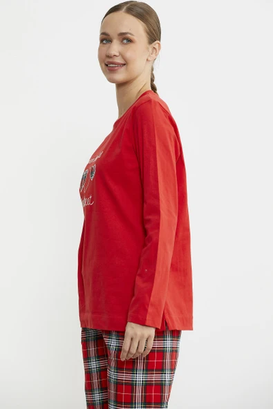 Nakış Detaylı Ekose Pijama Takım - Kırmızı - Resim 3