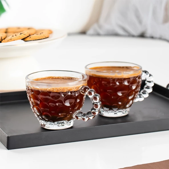 Porsima Cherry Coffee Taşlı Boncuklu Cam Kahve Takımı Çay Fincanı Lüks Kaliteli Cam Fincan 6'lı 80ml - 6