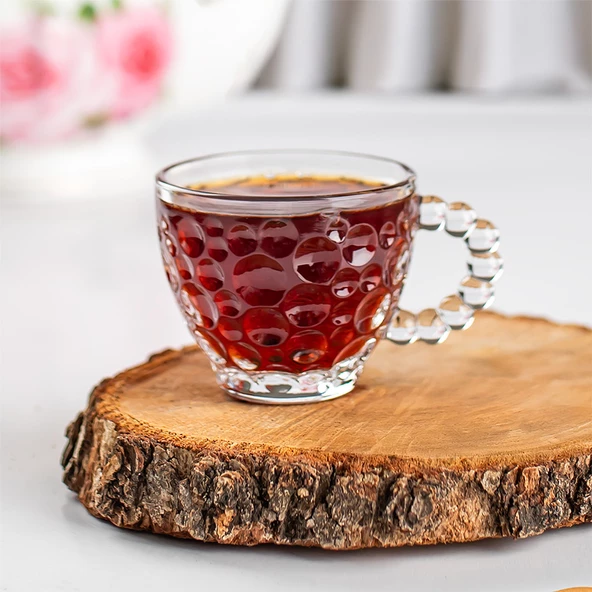 Porsima Cherry Coffee Taşlı Boncuklu Cam Kahve Takımı Çay Fincanı Lüks Kaliteli Cam Fincan 6'lı 80ml - 3