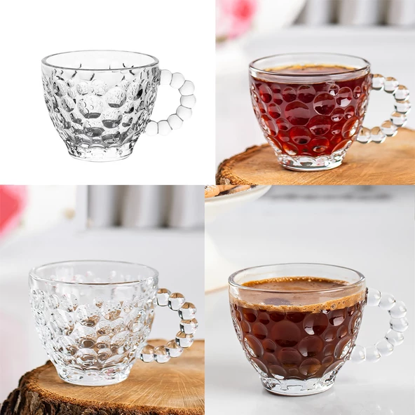 Porsima Cherry Coffee Taşlı Boncuklu Cam Kahve Takımı Çay Fincanı Lüks Kaliteli Cam Fincan 6'lı 80ml - 2