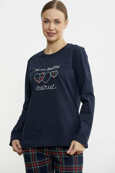 Nakış Detaylı Ekose Pijama Takım - Lacivert - 2