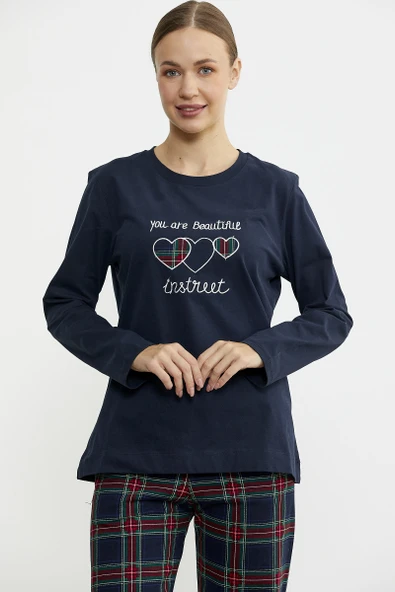 Nakış Detaylı Ekose Pijama Takım - Lacivert - 3