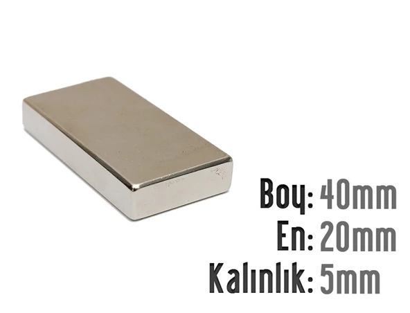 Neodyum Mıknatıs Köşeli  40x20mm , Kalınlık 5 mm ( 1 Adet)