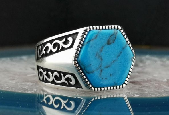 Özel Tasarım Mavi Firuze Taşlı  925 Ayar Gümüş Yüzük ürün görseli